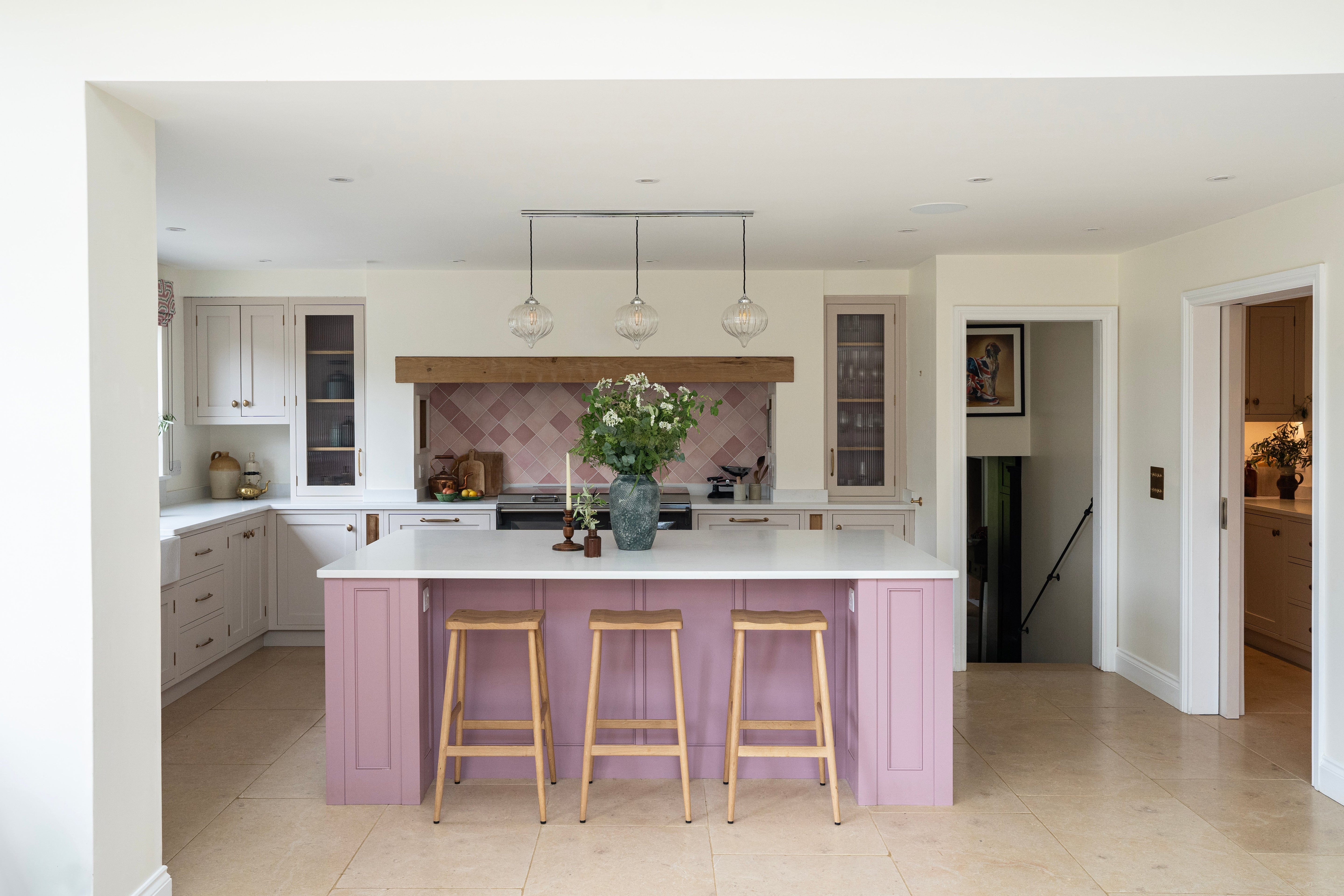 Farmhouse style kitchen with island painted in Mylands Bloomsbury