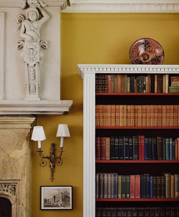 Bookshelf against a yellow neutral wall with decorative elements