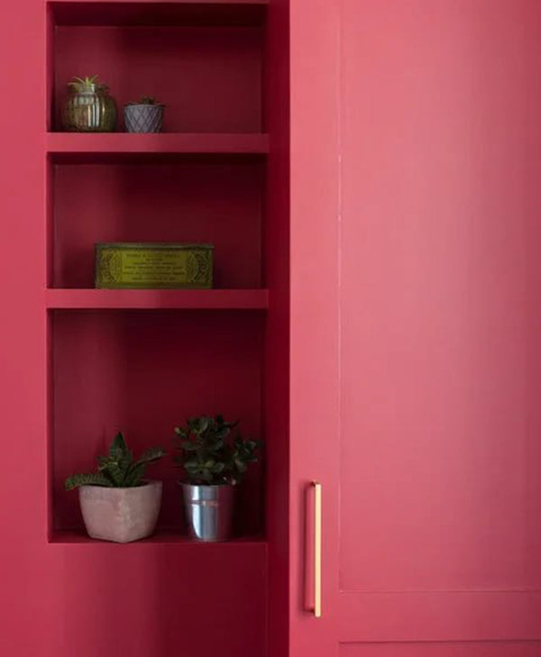 Red kitchen cabinet with shelves containing plants and decorative items