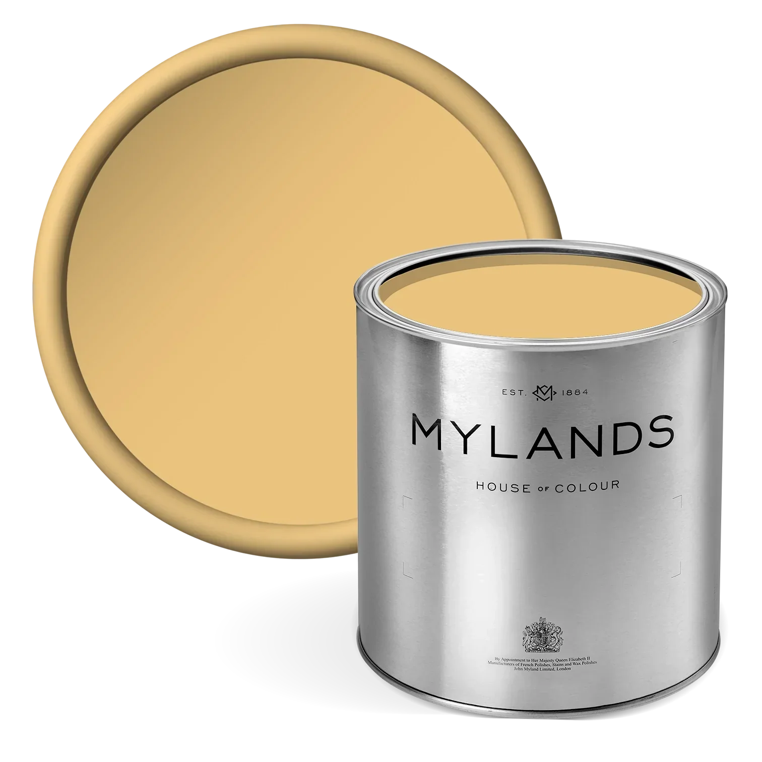 Pimlico™ No.136 - dusty yellow Mylands paint can with a gold color swatch