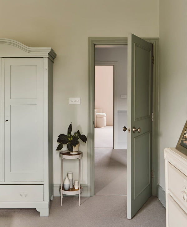 Pale green room interior with a wardrobe, small table with plants, and open door leading to another room.