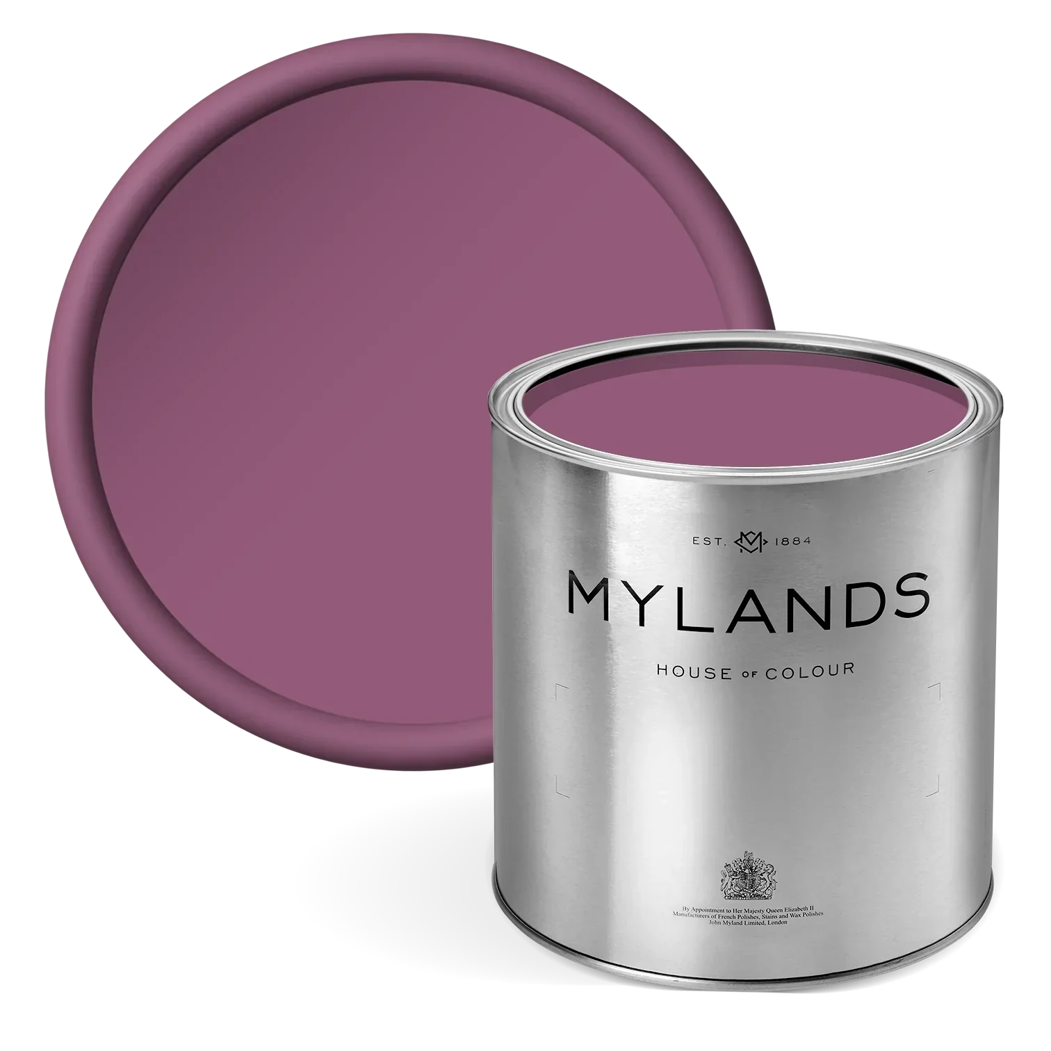 FTT-007™ - Magenta - Mylands paint can with purple paint and matching tray on a white background
