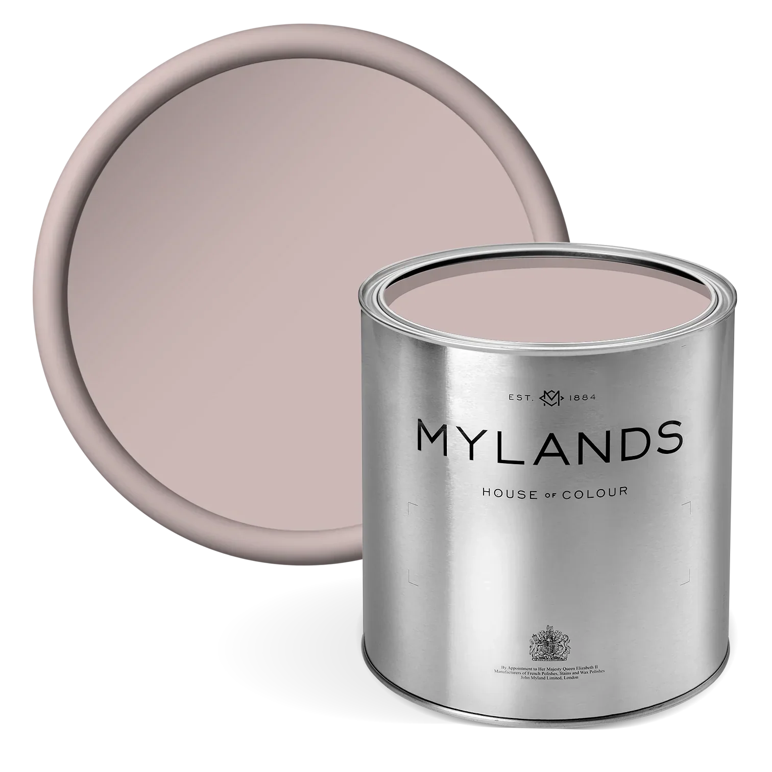 Pale Lilac™ No.246 - dusty lilac Mylands paint can with pink paint swatch on a white background