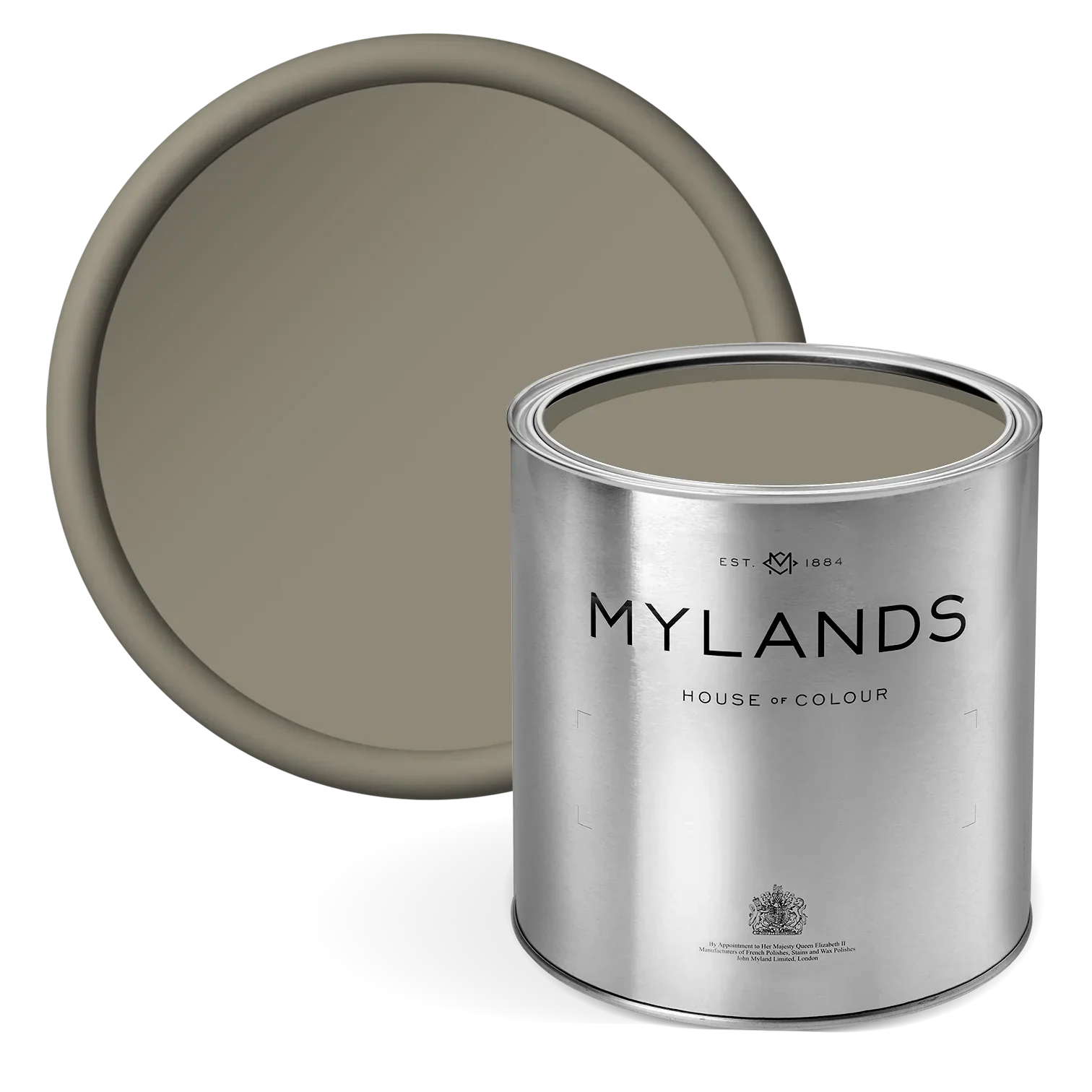 Portcullis™ No.170 - dusty grey Mylands paint can with a swatch of grey paint