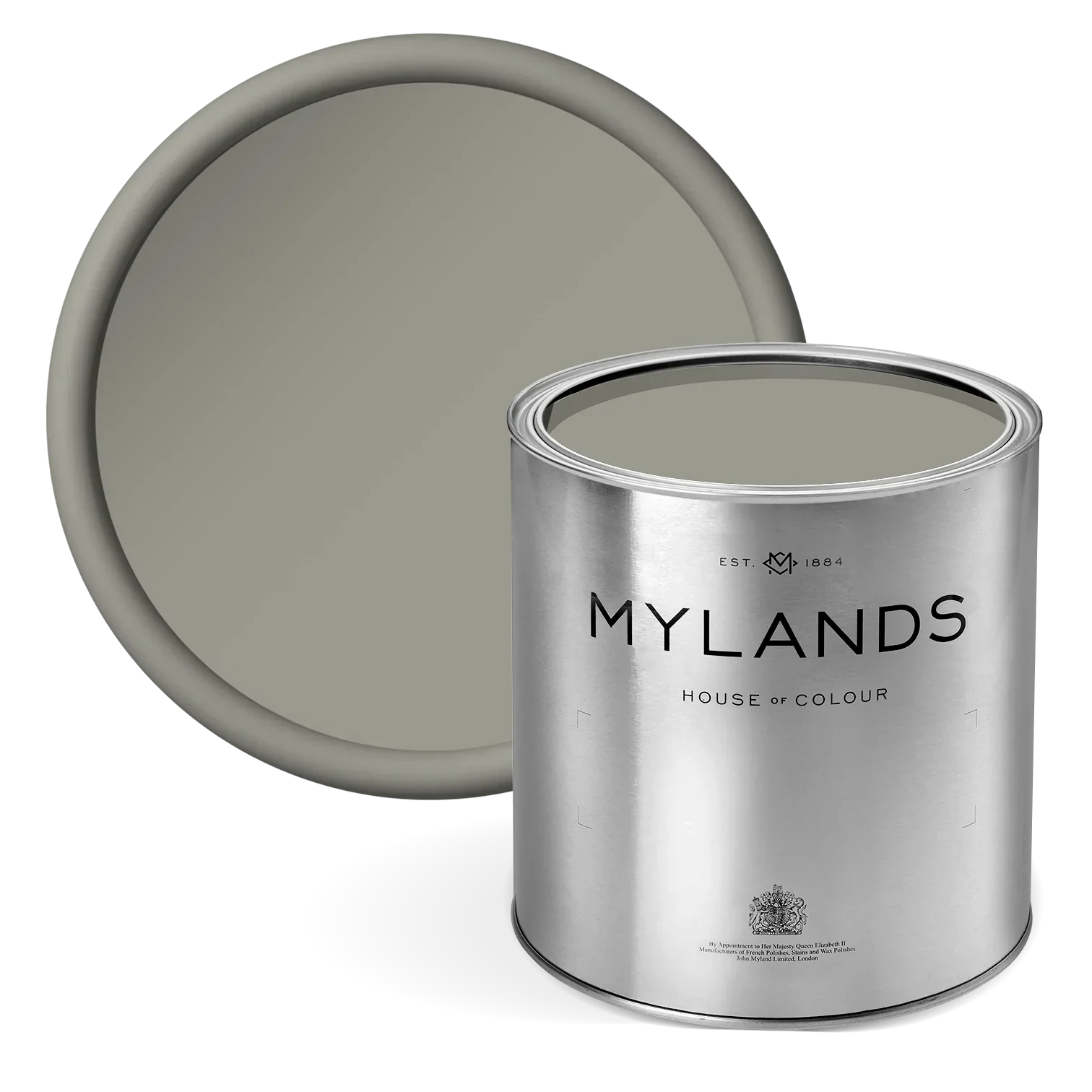 Shoreditch™ No.15 - soft grey Mylands paint can with a grey color swatch 