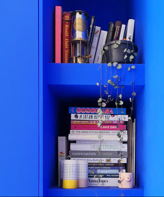 Vivid Blue shelving painted with Mylands FTT-018