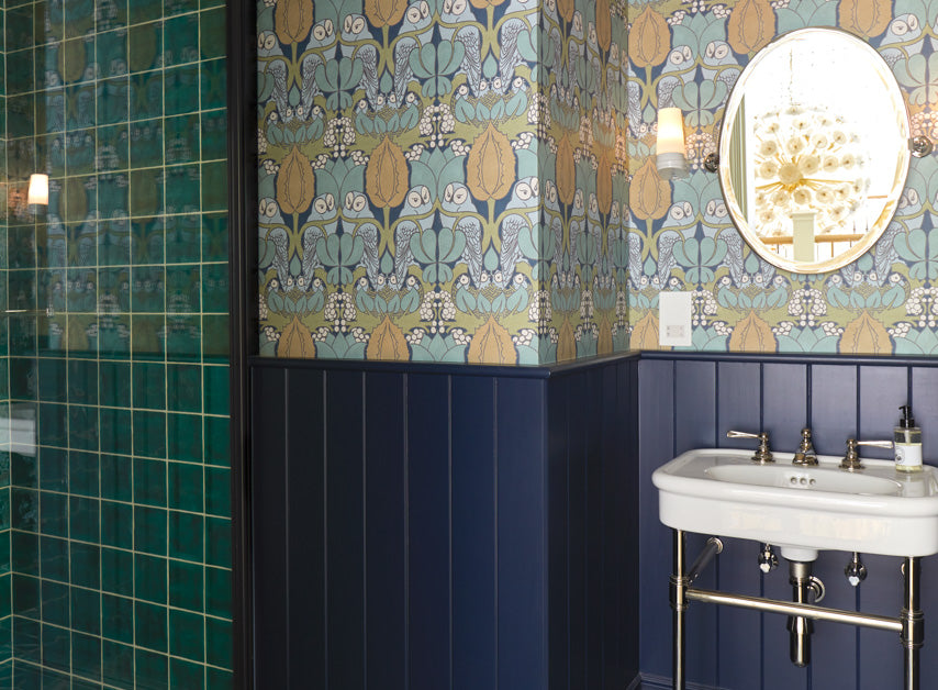 Dark blue bathroom paneling painted with Bond Street No.219