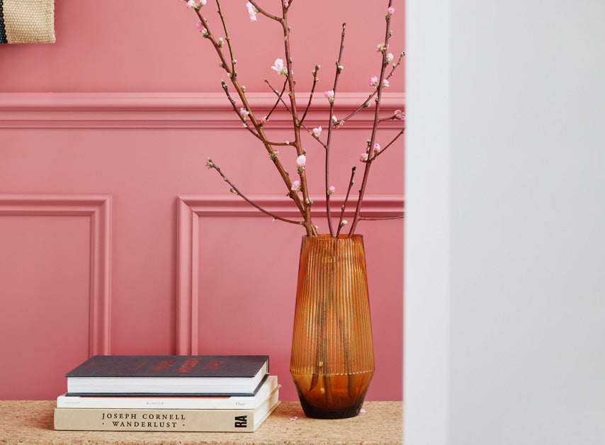 Red pink back wall and woodwork painted with Covent Garden Floral No.270