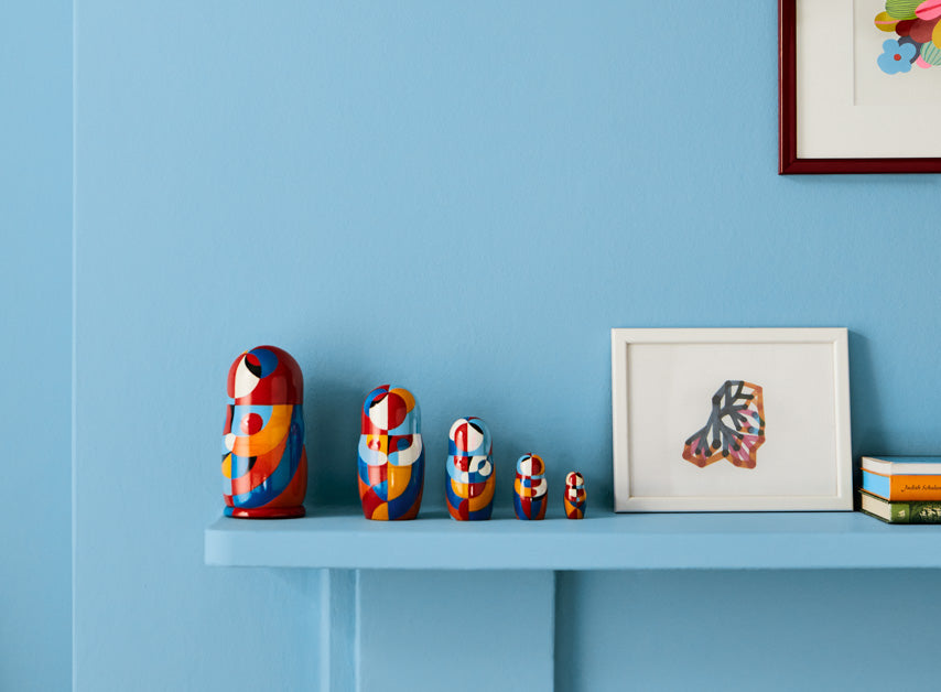 Striking Light Blue walls and shelving in a children's room painted with Enamel Blue™ No.78