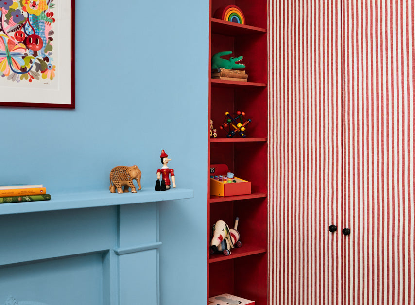 Striking Light Blue walls  and shelving in a children's room painted with Enamel Blue™ No.78