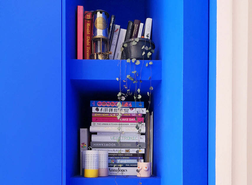 Navy Blue shelving painted with Mylands FTT-018