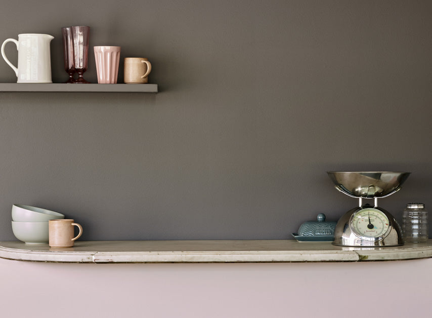 Pastel Pink wall beneath counter, painted with Gentleman's Pink™ No.221